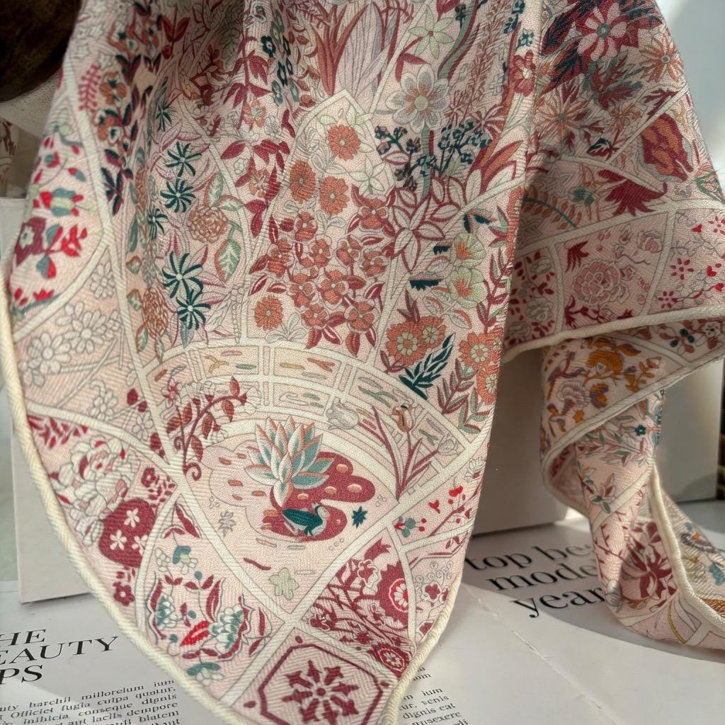 Gentle Garden Silk Wool Scarf for Women, Versatile Square Neck Warmer Shawl, Elegant Floral Wrap, 27"x27" & 35"x35", Gift for Her