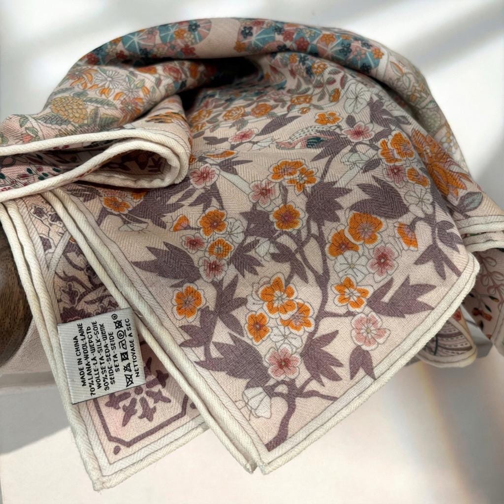 Gentle Garden Silk Wool Scarf for Women, Versatile Square Neck Warmer Shawl, Elegant Floral Wrap, 27"x27" & 35"x35", Gift for Her