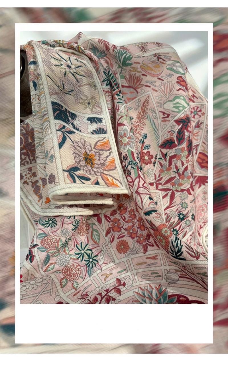Gentle Garden Silk Wool Scarf for Women, Versatile Square Neck Warmer Shawl, Elegant Floral Wrap, 27"x27" & 35"x35", Gift for Her