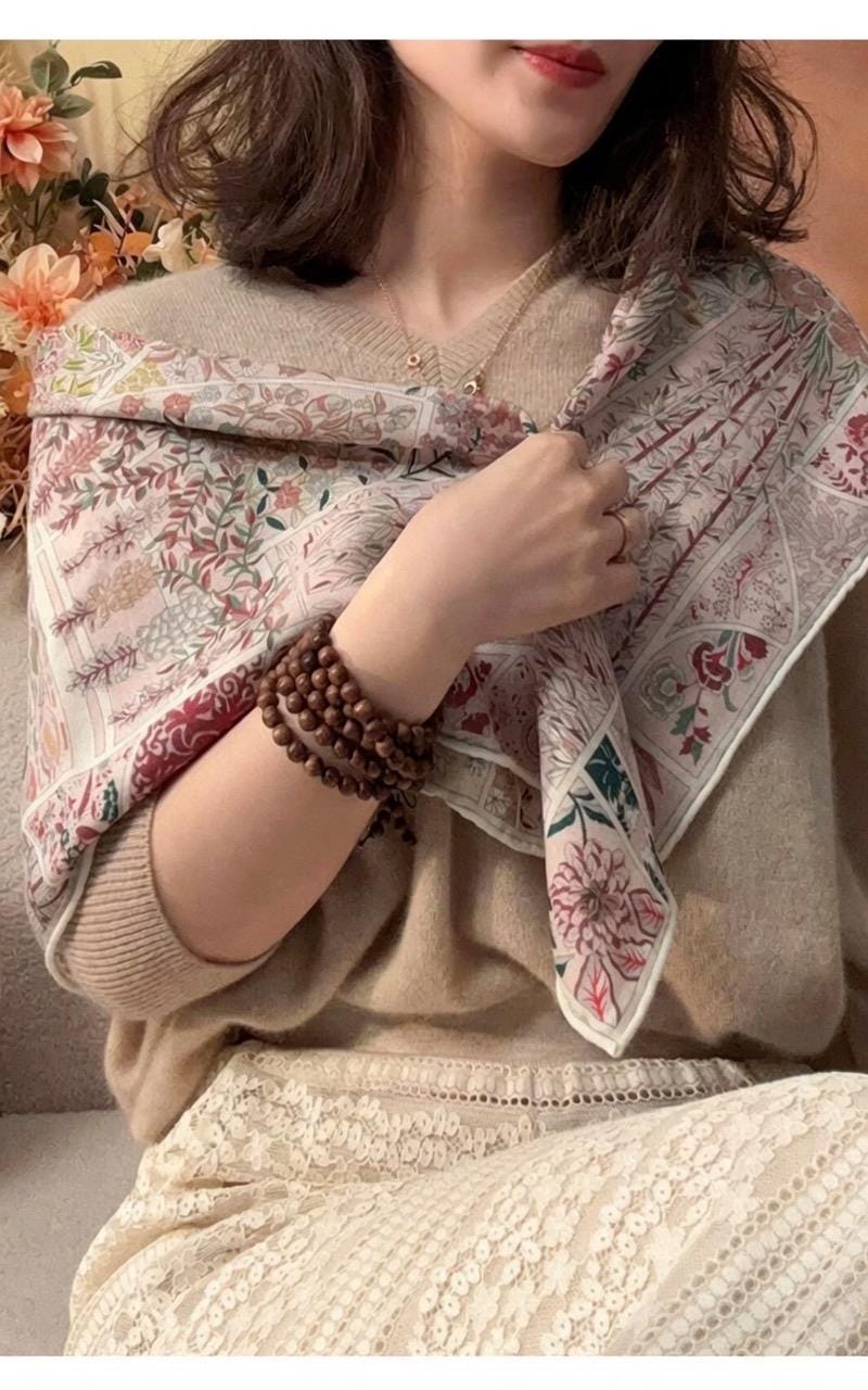 Gentle Garden Silk Wool Scarf for Women, Versatile Square Neck Warmer Shawl, Elegant Floral Wrap, 27"x27" & 35"x35", Gift for Her