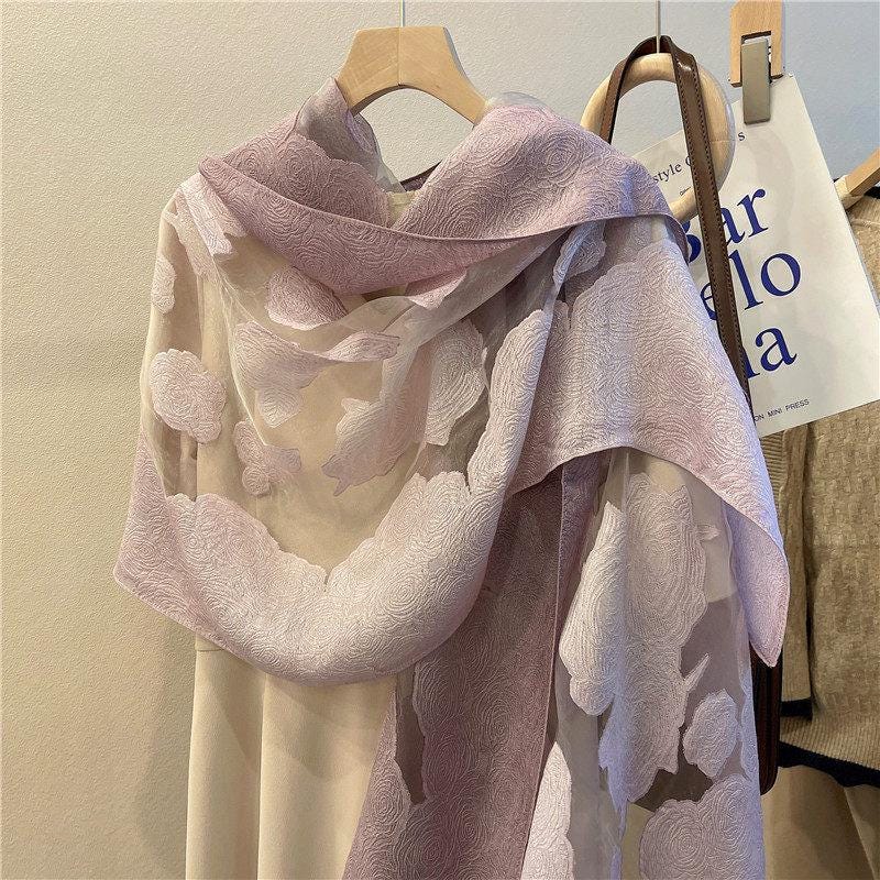 Wrapwhisper 3D Cut-Flower Rose Scarf, Organza Silk Shawl for Spring Autumn, Large Floral Wrap 25”x75”, Elegant Women's Long Evening Stole