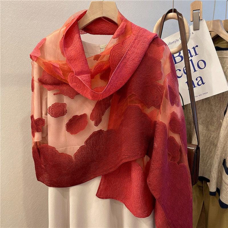 Wrapwhisper 3D Cut-Flower Rose Scarf, Organza Silk Shawl for Spring Autumn, Large Floral Wrap 25”x75”, Elegant Women's Long Evening Stole