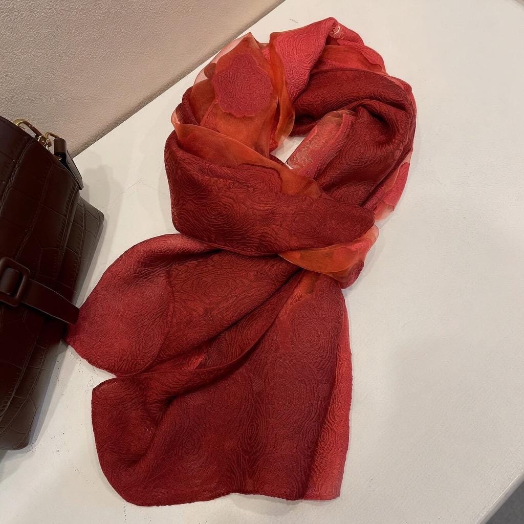 Wrapwhisper 3D Cut-Flower Rose Scarf, Organza Silk Shawl for Spring Autumn, Large Floral Wrap 25”x75”, Elegant Women's Long Evening Stole