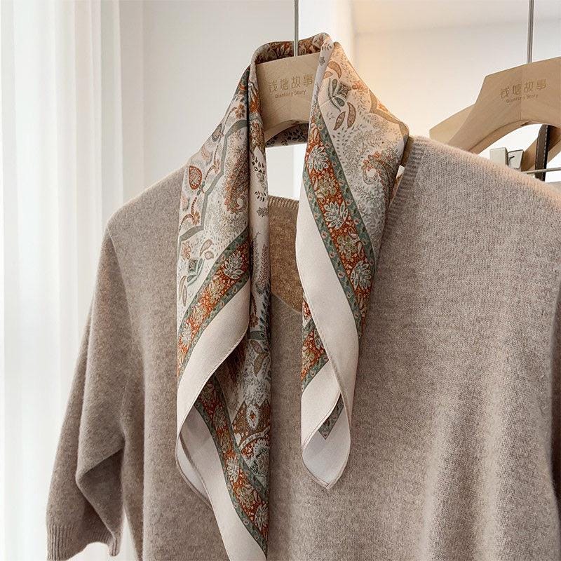 Vintage Paisley Mulberry Silk Square Scarf, Old Money Aesthetic Silk Neckerchief 21”x21”, Luxury Garden Floral Hair Bandana, Gift for Her