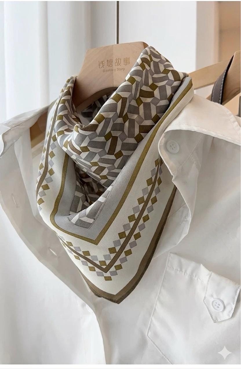 100% Mulberry Silk 26x26" 65x65cm | Healing Fog Grid Square Scarf | Crepe de Chine Neck Scarf |Nordic Style Headscarf Hair Wrap Gift for Her