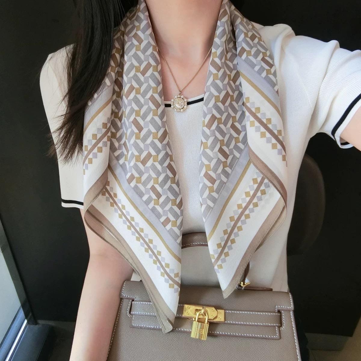 100% Mulberry Silk 26x26" 65x65cm | Healing Fog Grid Square Scarf | Crepe de Chine Neck Scarf |Nordic Style Headscarf Hair Wrap Gift for Her