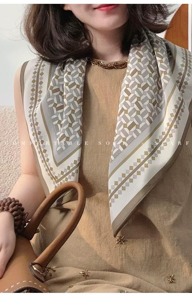 100% Mulberry Silk 26x26" 65x65cm | Healing Fog Grid Square Scarf | Crepe de Chine Neck Scarf |Nordic Style Headscarf Hair Wrap Gift for Her