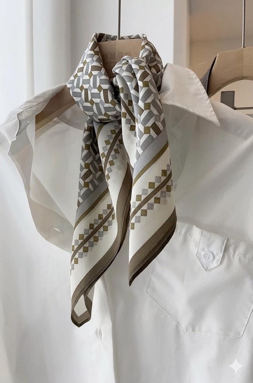 100% Mulberry Silk 26x26" 65x65cm | Healing Fog Grid Square Scarf | Crepe de Chine Neck Scarf |Nordic Style Headscarf Hair Wrap Gift for Her
