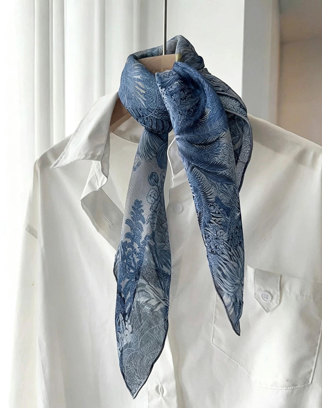 26x26" 65x65cm | Gray Blue Rainforest Scarf | Mulberry Silk Georgette Square Scarf | Tropical Botanical Headscarf Hair Wrap Gift for Her