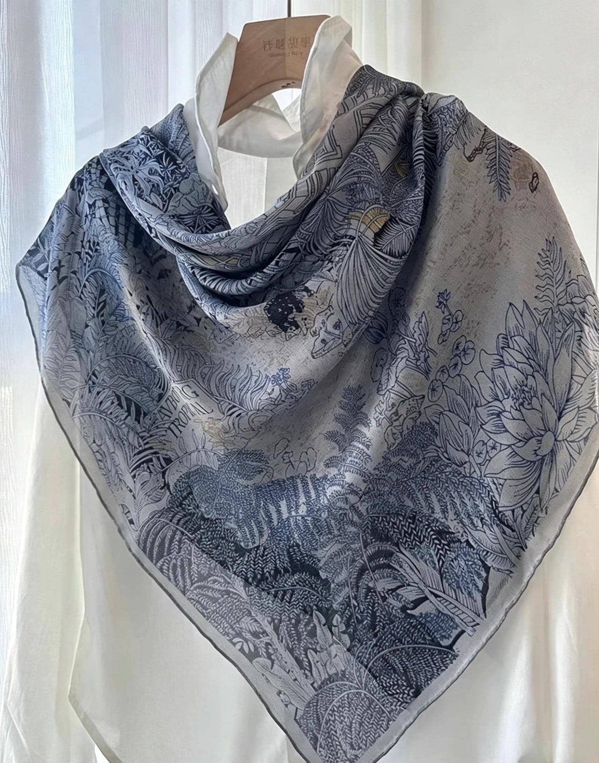 26x26" 65x65cm | Gray Blue Rainforest Scarf | Mulberry Silk Georgette Square Scarf | Tropical Botanical Headscarf Hair Wrap Gift for Her