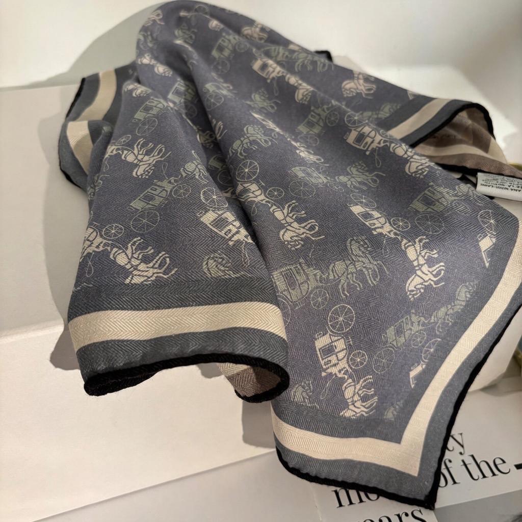 Luxury Silk Wool Scarf, Blue Horse Carriage Print Square Shawl 27", Double-Sided Warm Neck Wrap, Elegant Spring Autumn Scarf, Gift for Her