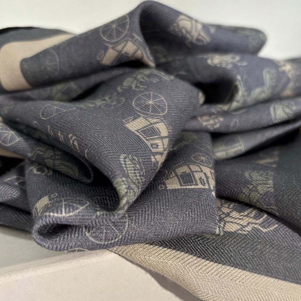Luxury Silk Wool Scarf, Blue Horse Carriage Print Square Shawl 27", Double-Sided Warm Neck Wrap, Elegant Spring Autumn Scarf, Gift for Her