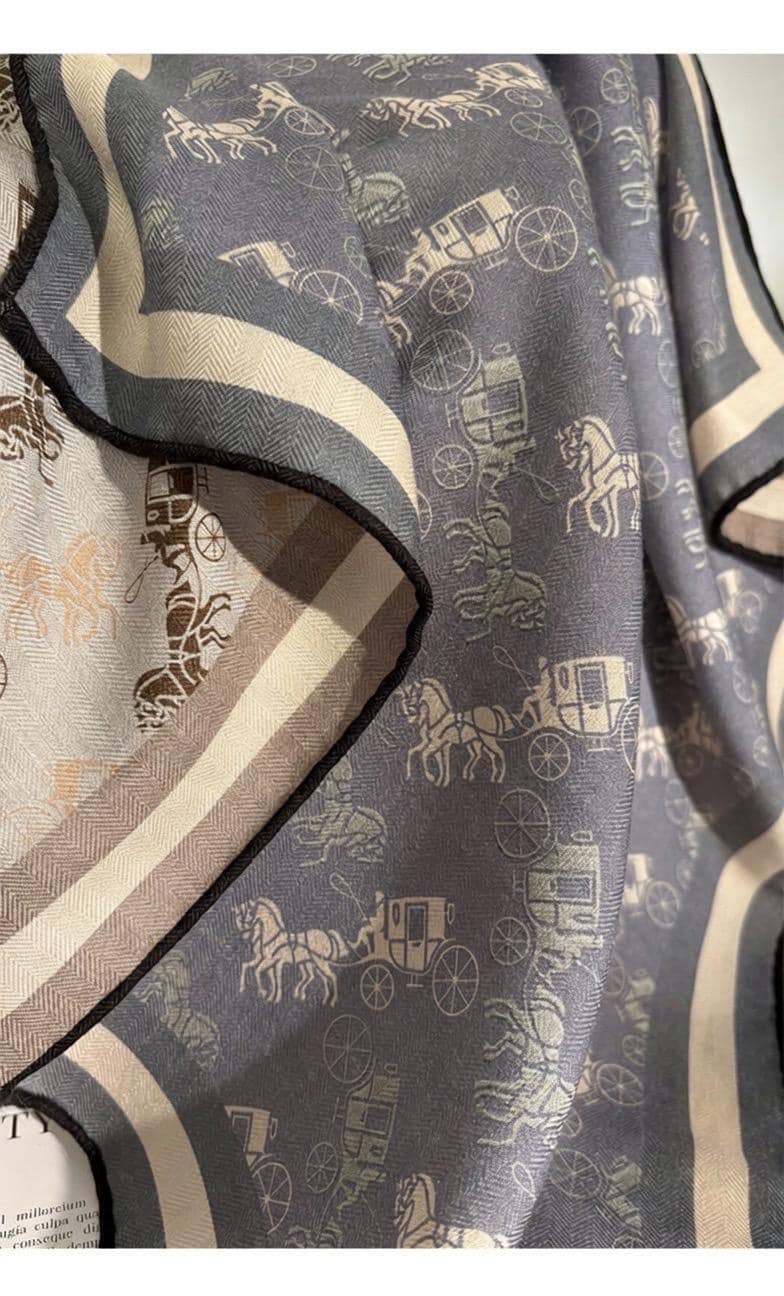 Luxury Silk Wool Scarf, Blue Horse Carriage Print Square Shawl 27", Double-Sided Warm Neck Wrap, Elegant Spring Autumn Scarf, Gift for Her