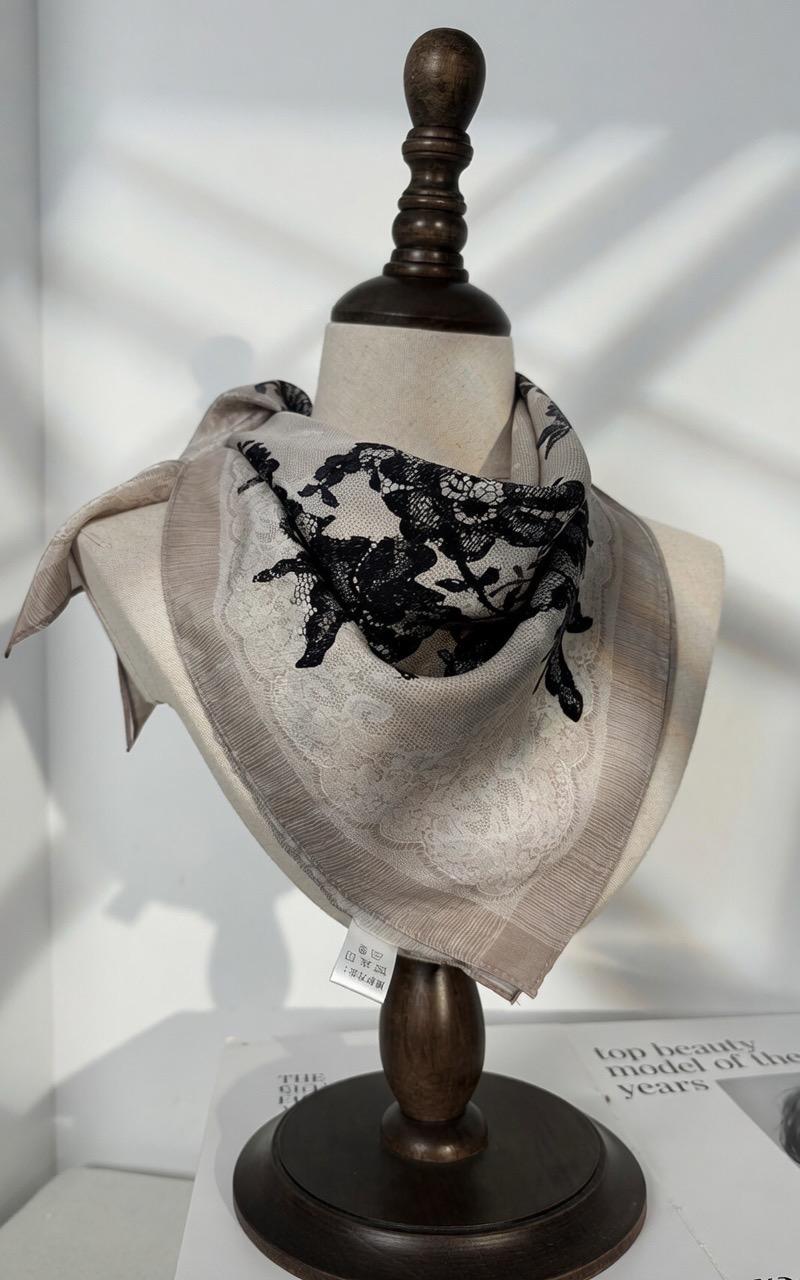 Rococo Whispers 3D Lace Silk Scarf, Premium Mulberry Silk Crepe de Chine Square 26", French Vintage Elegant Neck Tie, Luxury Gift for Her