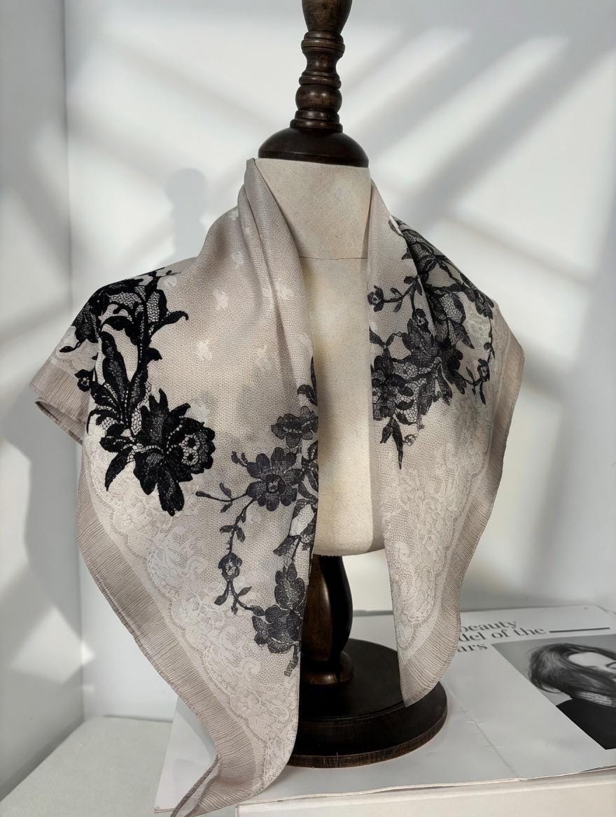 Rococo Whispers 3D Lace Silk Scarf, Premium Mulberry Silk Crepe de Chine Square 26", French Vintage Elegant Neck Tie, Luxury Gift for Her