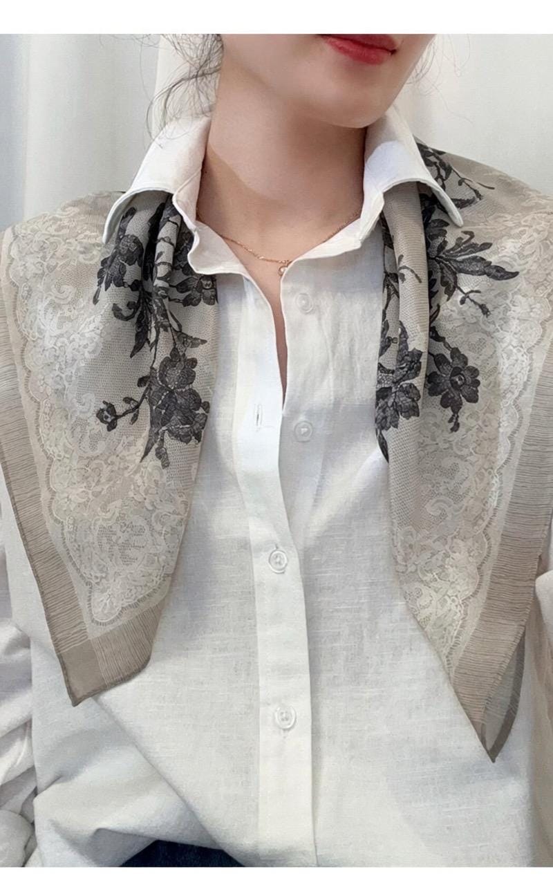 Rococo Whispers 3D Lace Silk Scarf, Premium Mulberry Silk Crepe de Chine Square 26", French Vintage Elegant Neck Tie, Luxury Gift for Her