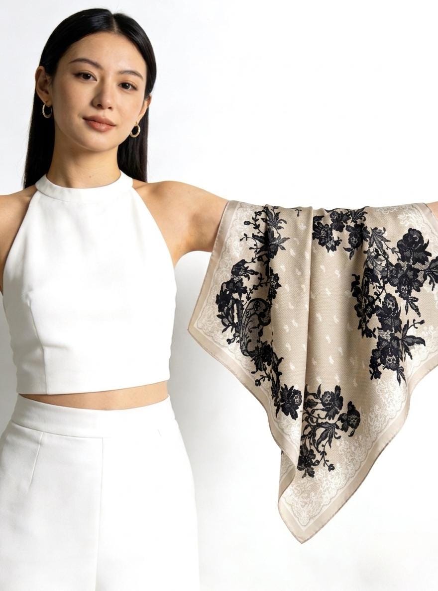 Rococo Whispers 3D Lace Silk Scarf, Premium Mulberry Silk Crepe de Chine Square 26", French Vintage Elegant Neck Tie, Luxury Gift for Her