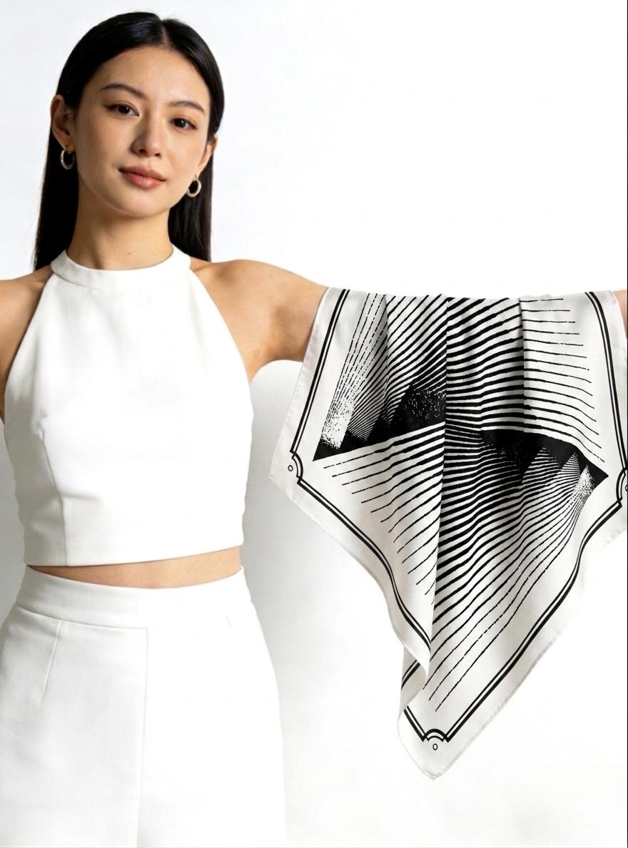 Minimalist Silk Scarf 25" Square Crepe de Chine Neck Head Scarf for Women, Elegant Geometric Luxury Hair Accessory, Chic Gift for Her