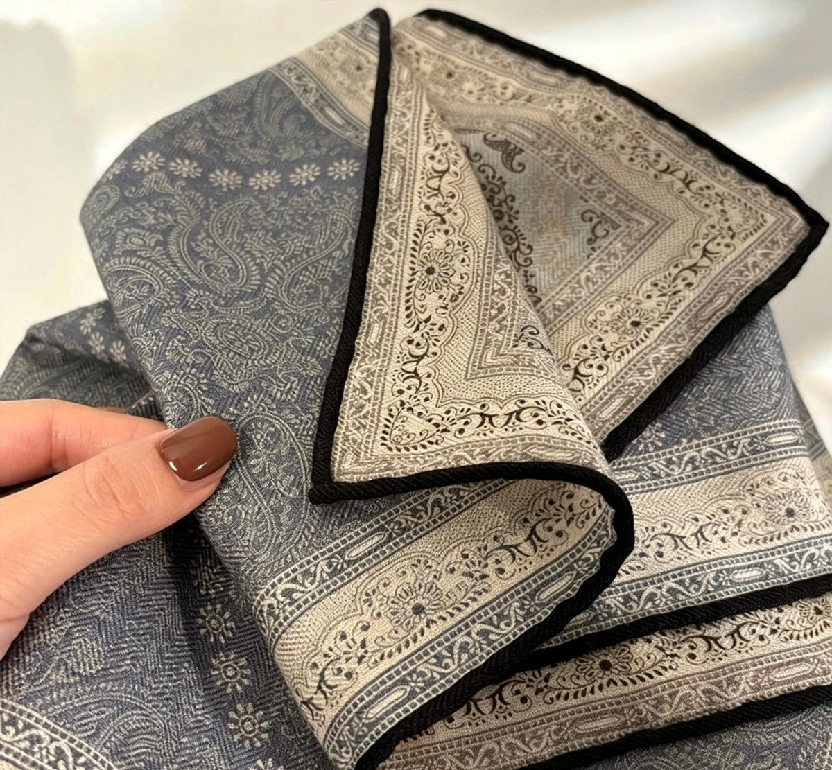Paisley Old Money Silk Wool Scarf, Luxury Double-Sided Square Head Wrap, Elegant 27" Small Shawl, Chic Neck Tie, Premium Gift for Her