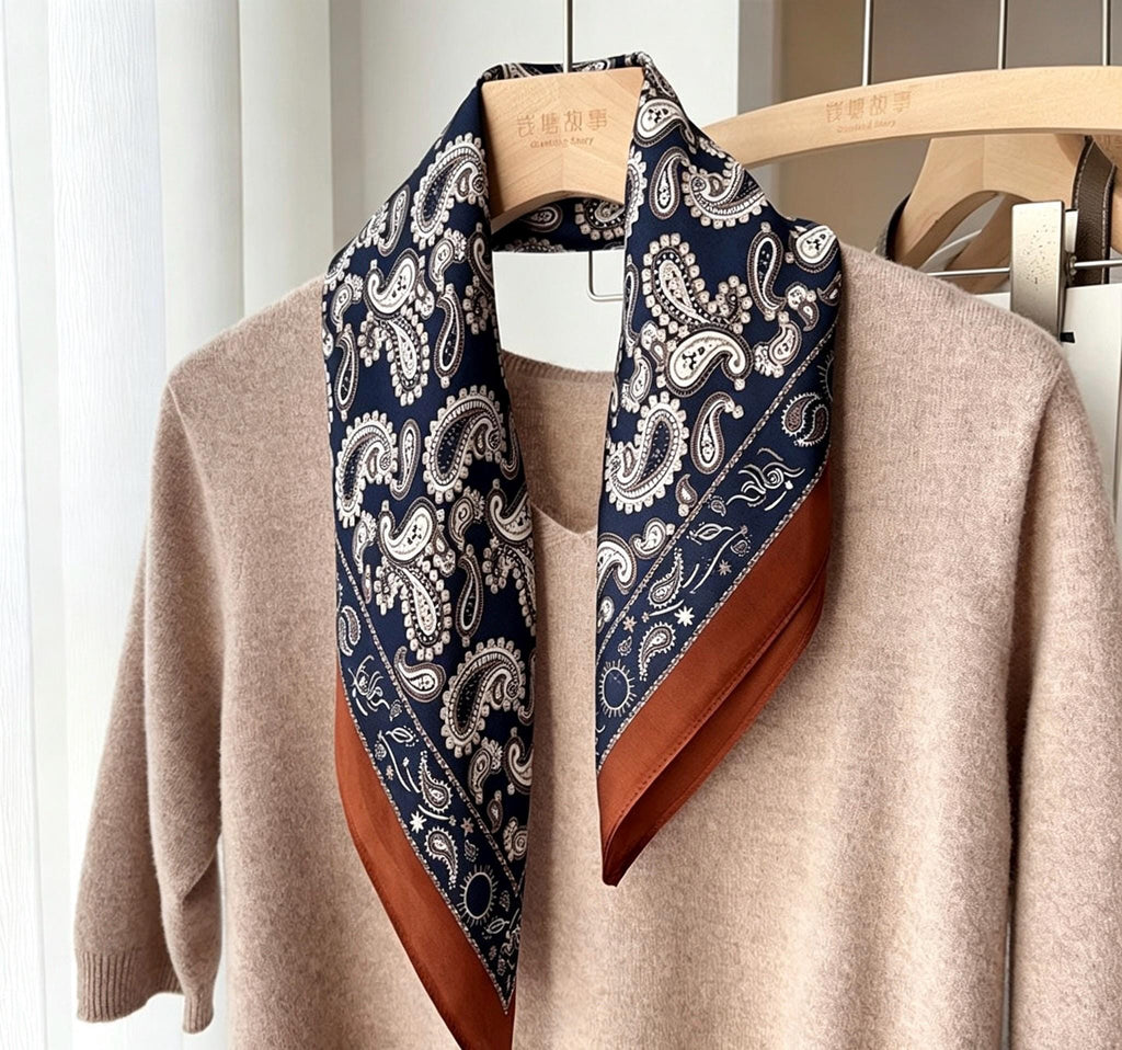 100% Mulberry Silk Square Head Wrap, 21" 53cm European Neckerchief, Vintage Navy Blue Paisley Silk Scarf, Luxury Hair Bandana