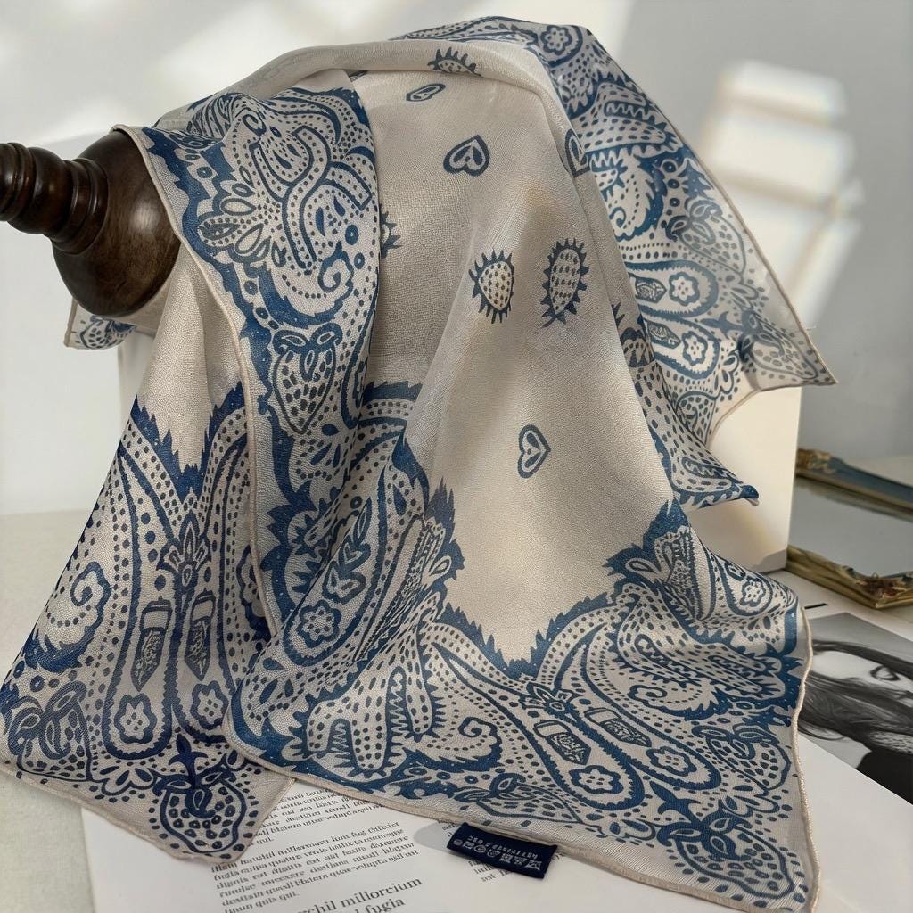 Canglan Ripple Silk Scarf for Women, Luxury 25" Paisley Mulberry Silk Neckerchief, Elegant Summer Waistband Hair Tie, Artisan Gift her