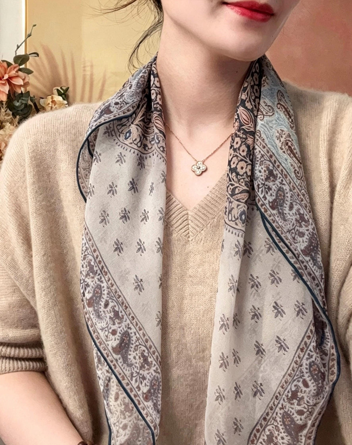Vintage 100% Mulberry Silk Scarf 25x25, Soft Georgette Silk Square, Artistic Patterned Silk Neckerchief, Elegant Silk Hair Accessory Gift