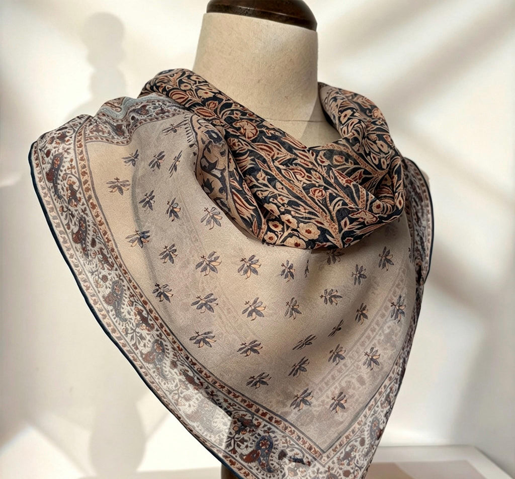 Vintage 100% Mulberry Silk Scarf 25x25, Soft Georgette Silk Square, Artistic Patterned Silk Neckerchief, Elegant Silk Hair Accessory Gift