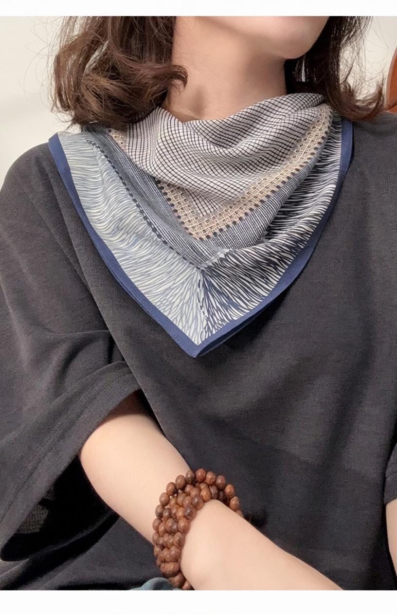 Seine Style Luxury 65x65cm (25.5") Gray-Blue Crepe de Chine Silk Scarf - Premium Mulberry Silk Necktie, Chic Aesthetic Accessory