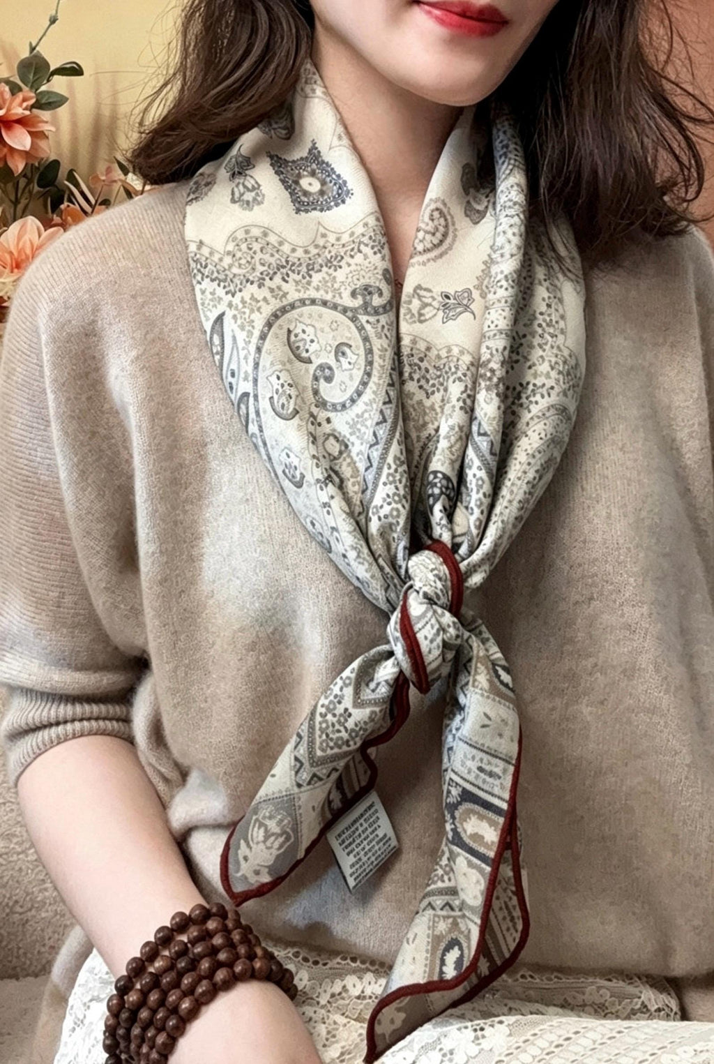 Elegant Beige Paisley Silk Wool Scarf for Women, Luxury Large Square Shawl, Autumn Winter Head Wrap, Gift for Her, 68x68cm & 88x88cm