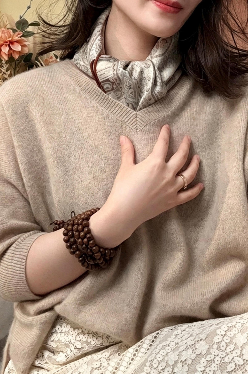 Elegant Beige Paisley Silk Wool Scarf for Women, Luxury Large Square Shawl, Autumn Winter Head Wrap, Gift for Her, 68x68cm & 88x88cm