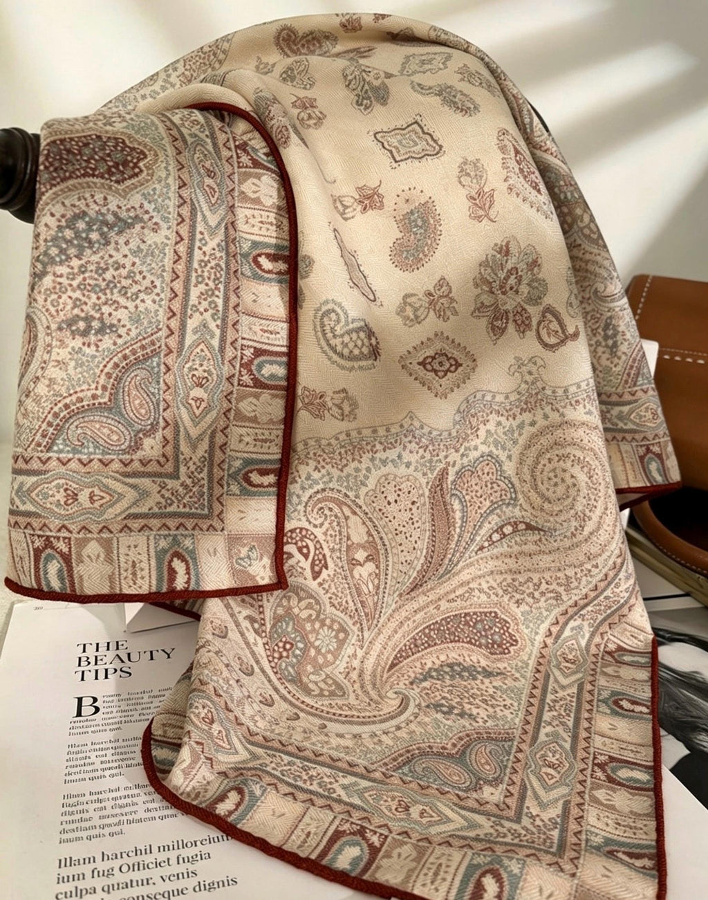 Elegant Beige Paisley Silk Wool Scarf for Women, Luxury Large Square Shawl, Autumn Winter Head Wrap, Gift for Her, 68x68cm & 88x88cm