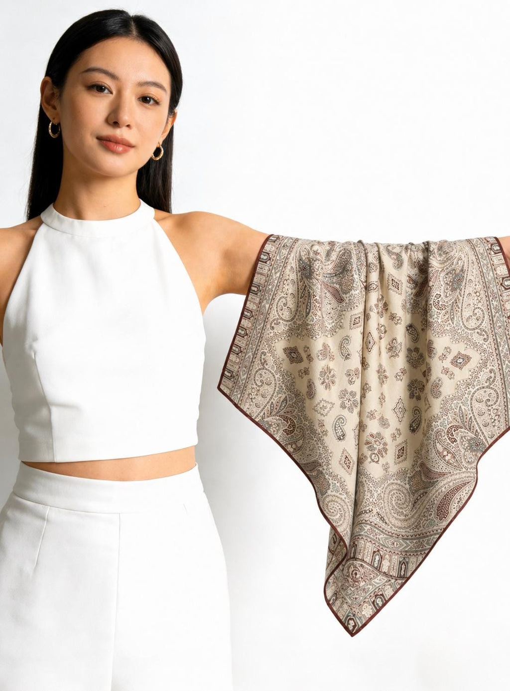 Elegant Beige Paisley Silk Wool Scarf for Women, Luxury Large Square Shawl, Autumn Winter Head Wrap, Gift for Her, 68x68cm & 88x88cm