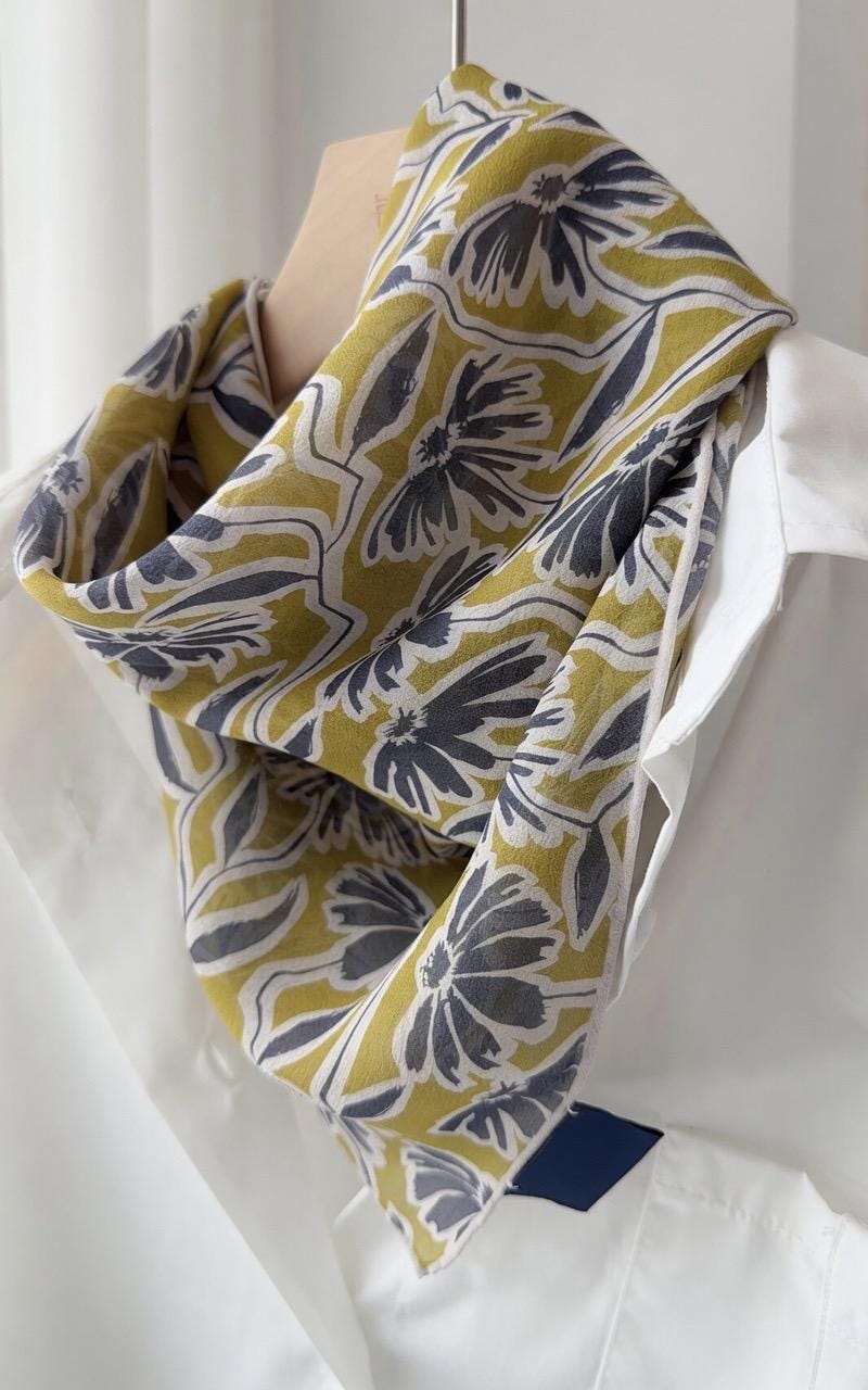 Spring Dream Silk Georgette Scarf, Lightweight Mulberry Silk Square, Artistic Floral Necktie, 25" Small Shawl, Romantic Luxe Gift for Her