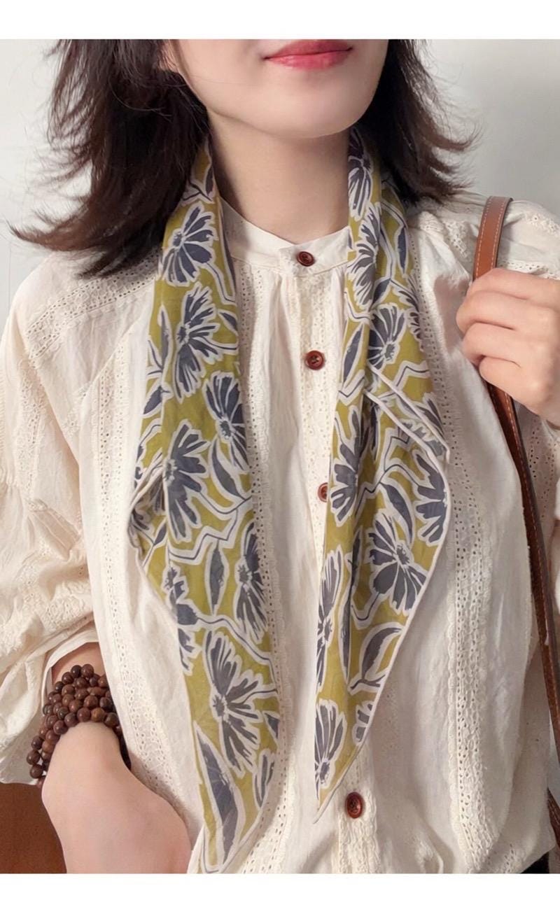 Spring Dream Silk Georgette Scarf, Lightweight Mulberry Silk Square, Artistic Floral Necktie, 25" Small Shawl, Romantic Luxe Gift for Her