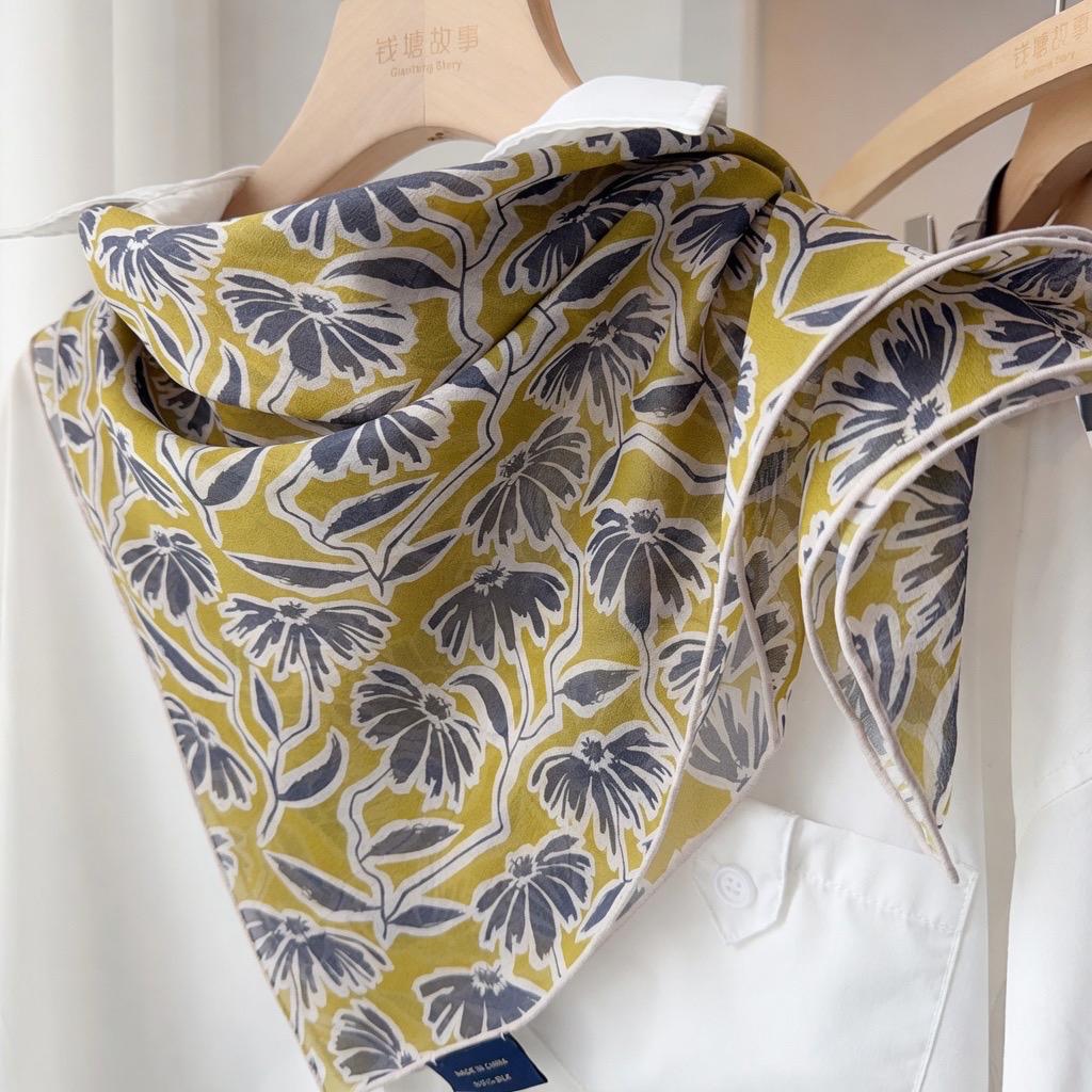 Spring Dream Silk Georgette Scarf, Lightweight Mulberry Silk Square, Artistic Floral Necktie, 25" Small Shawl, Romantic Luxe Gift for Her