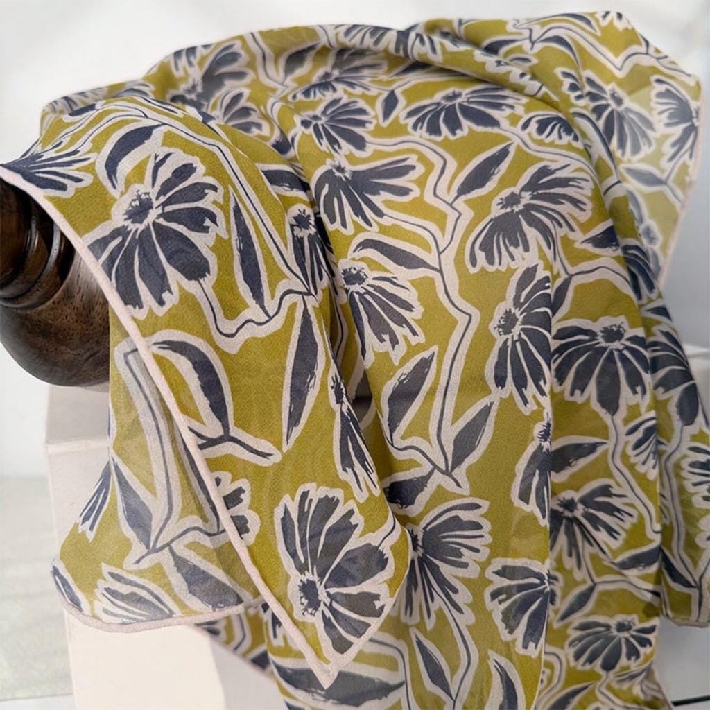 Spring Dream Silk Georgette Scarf, Lightweight Mulberry Silk Square, Artistic Floral Necktie, 25" Small Shawl, Romantic Luxe Gift for Her