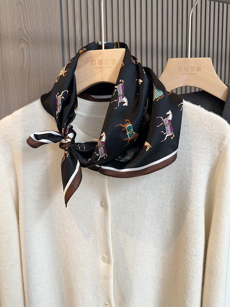 Pony Print Silk Scarf 21", 53cm 100% Mulberry Silk Neckerchief, Cute Horse Pattern Small Square Scarf for Women, Hair Head Handbag Scarf