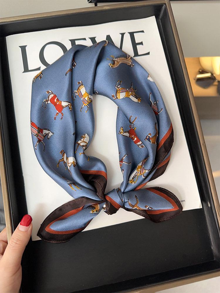 Pony Print Silk Scarf 21", 53cm 100% Mulberry Silk Neckerchief, Cute Horse Pattern Small Square Scarf for Women, Hair Head Handbag Scarf