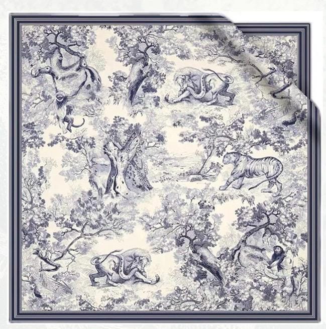 Heavy Jacquard Silk Wool Scarf, Jungle Animals Print Square Shawl, Large 55"x55" Winter Wrap, Luxury Gift for Her, Toile de Jouy Style