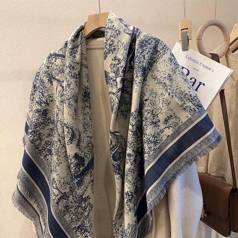 Heavy Jacquard Silk Wool Scarf, Jungle Animals Print Square Shawl, Large 55"x55" Winter Wrap, Luxury Gift for Her, Toile de Jouy Style