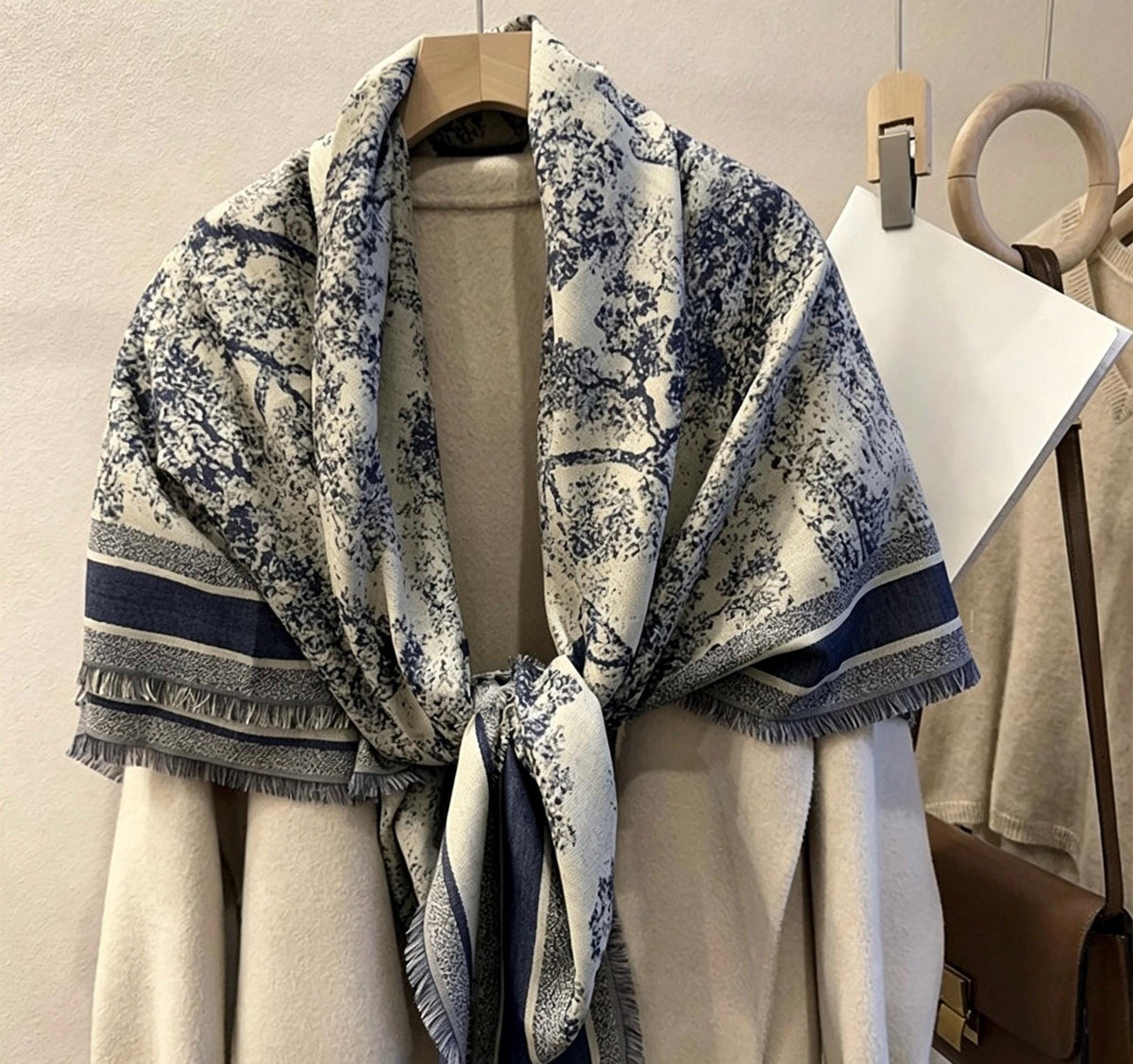 Heavy Jacquard Silk Wool Scarf, Jungle Animals Print Square Shawl, Large 55"x55" Winter Wrap, Luxury Gift for Her, Toile de Jouy Style
