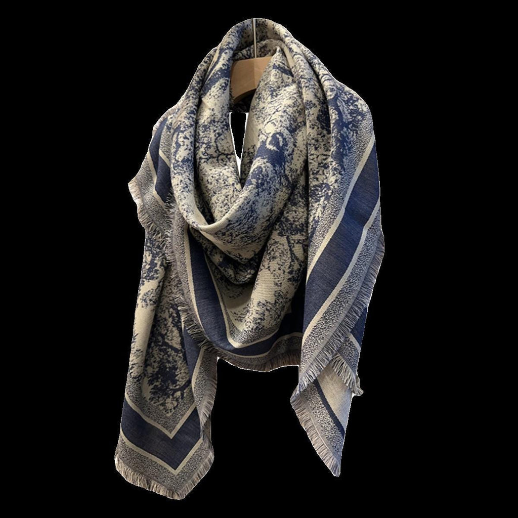 Heavy Jacquard Silk Wool Scarf, Jungle Animals Print Square Shawl, Large 55"x55" Winter Wrap, Luxury Gift for Her, Toile de Jouy Style