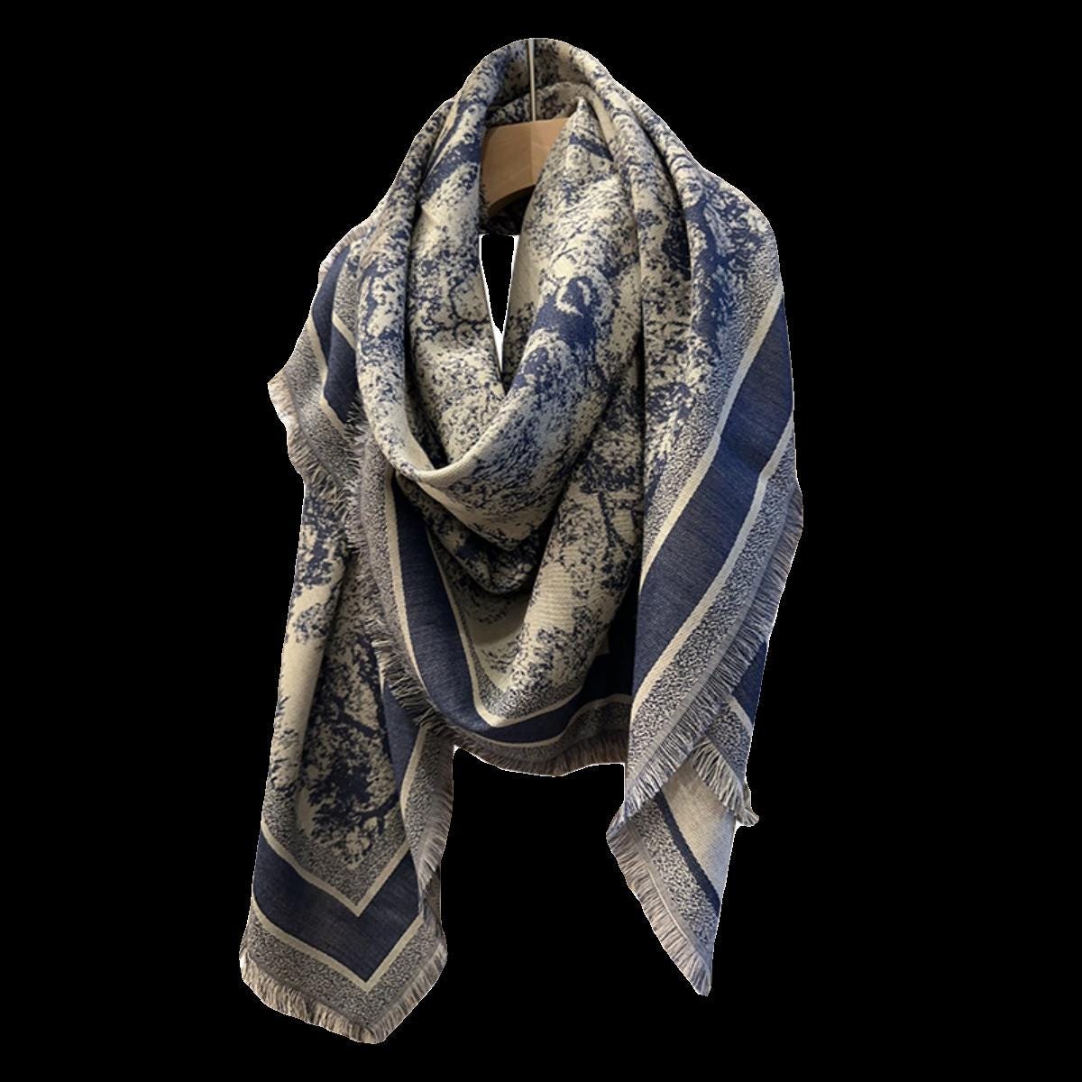 Heavy Jacquard Silk Wool Scarf, Jungle Animals Print Square Shawl, Large 55"x55" Winter Wrap, Luxury Gift for Her, Toile de Jouy Style