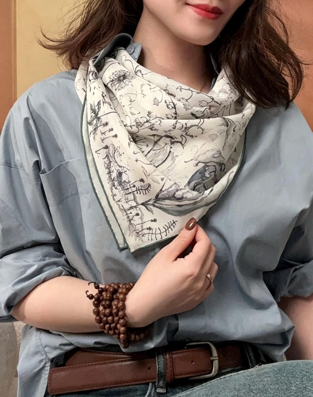 Lily of the Valley Silk Scarf, French Georgette Square Foulard, Elegant Floral Necktie, Versatile 27" Large Bandana, Luxury Gift for Her