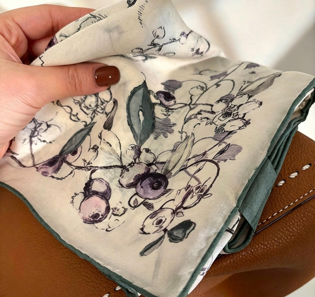 Lily of the Valley Silk Scarf, French Georgette Square Foulard, Elegant Floral Necktie, Versatile 27" Large Bandana, Luxury Gift for Her