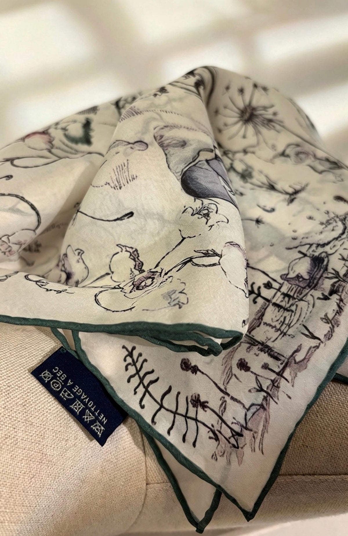 Lily of the Valley Silk Scarf, French Georgette Square Foulard, Elegant Floral Necktie, Versatile 27" Large Bandana, Luxury Gift for Her