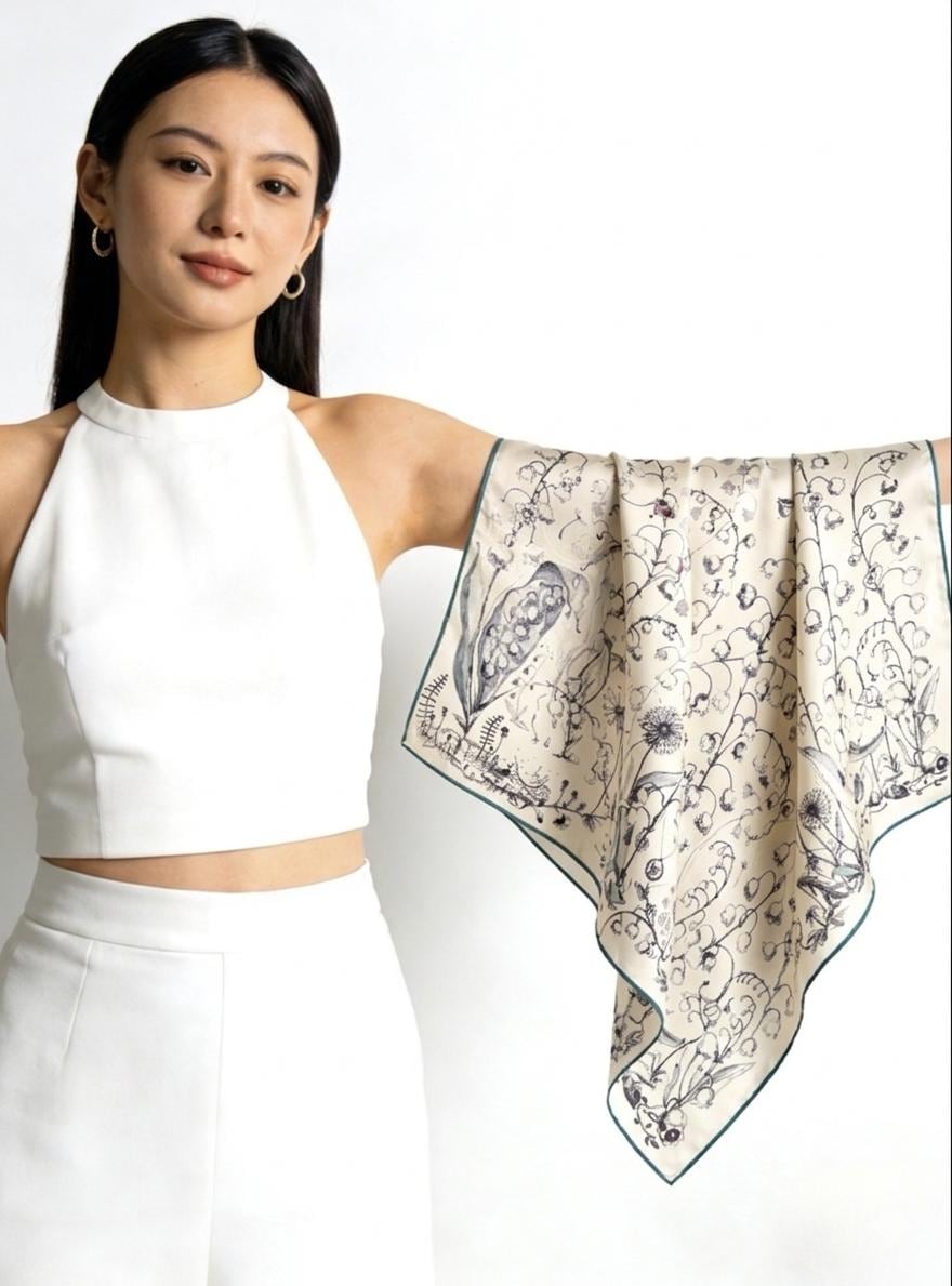 Lily of the Valley Silk Scarf, French Georgette Square Foulard, Elegant Floral Necktie, Versatile 27" Large Bandana, Luxury Gift for Her
