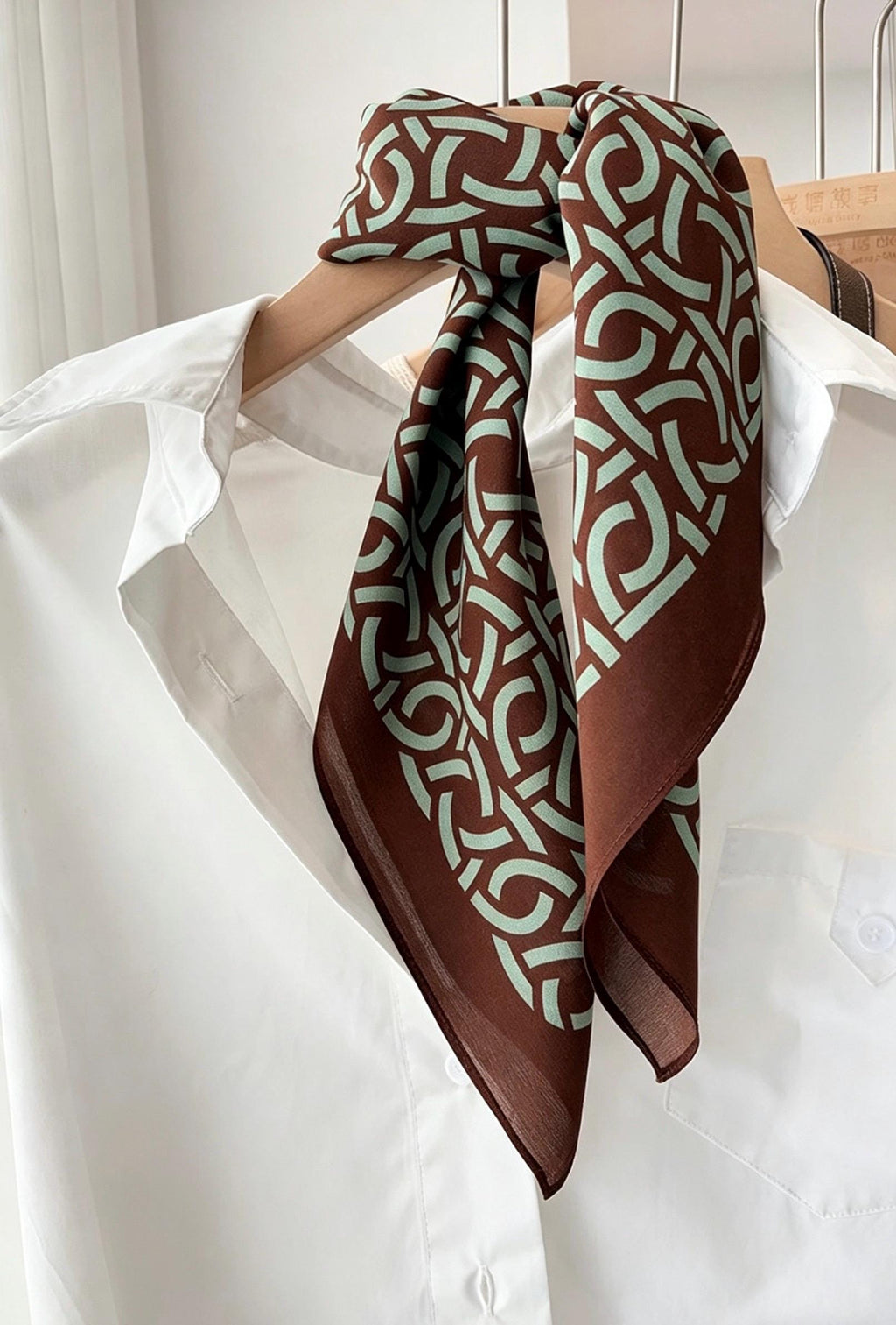 Vintage Silk Crepe de Chine Scarf, Brown & Green Mulberry Silk Square 26", Retro French Chic Neckerchief, Elegant Summer Silk Head Scarf
