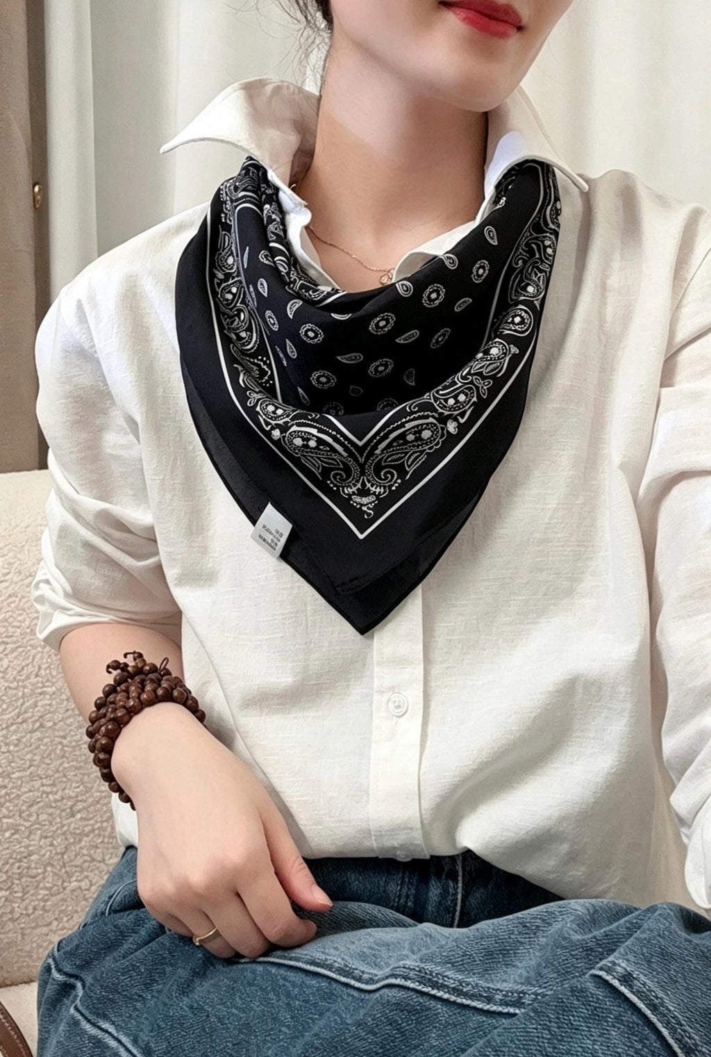 Vintage French Style Silk Scarf, Black & White Mulberry Silk Crepe de Chine Square 26", Elegant Classic Neckerchief, Retro Chic Head Scarf