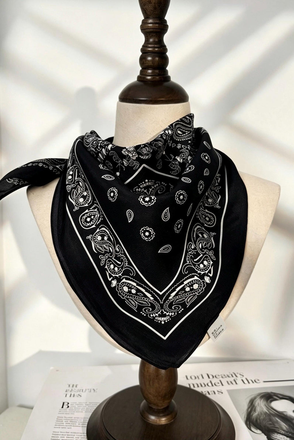 Vintage French Style Silk Scarf, Black & White Mulberry Silk Crepe de Chine Square 26", Elegant Classic Neckerchief, Retro Chic Head Scarf